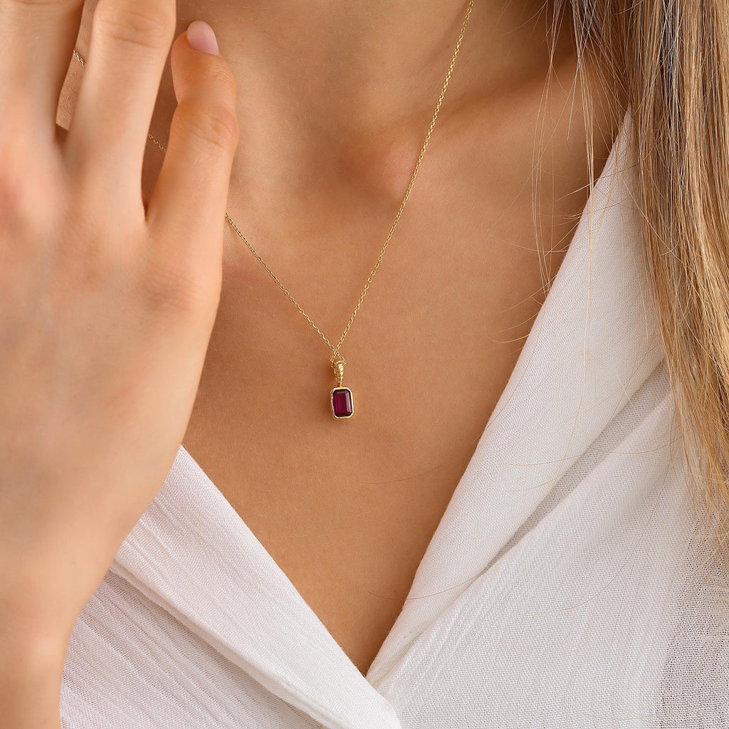 10K Dainty initial Ruby Pendant, 14K Solid Gold Ruby Necklace, Birthday Gift