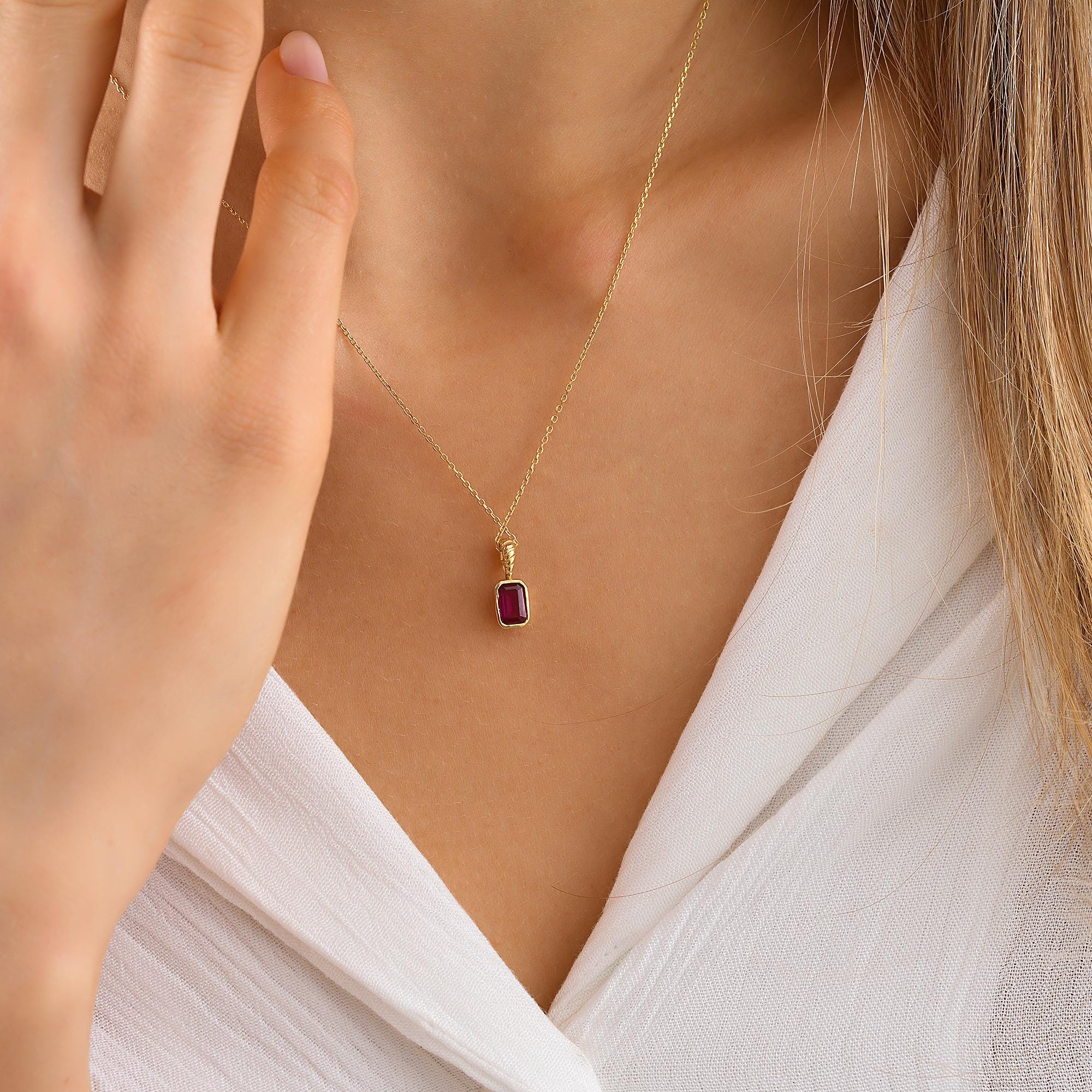 10K Dainty initial Ruby Pendant, 14K Solid Gold Ruby Necklace, Birthday Gift