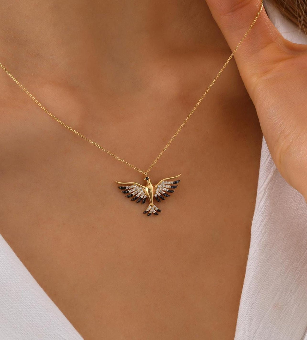 10K Dainty Custom Phoenix Pendant, 14K Solid Gold Animal Necklace, Sparkly Phoenix Pendant