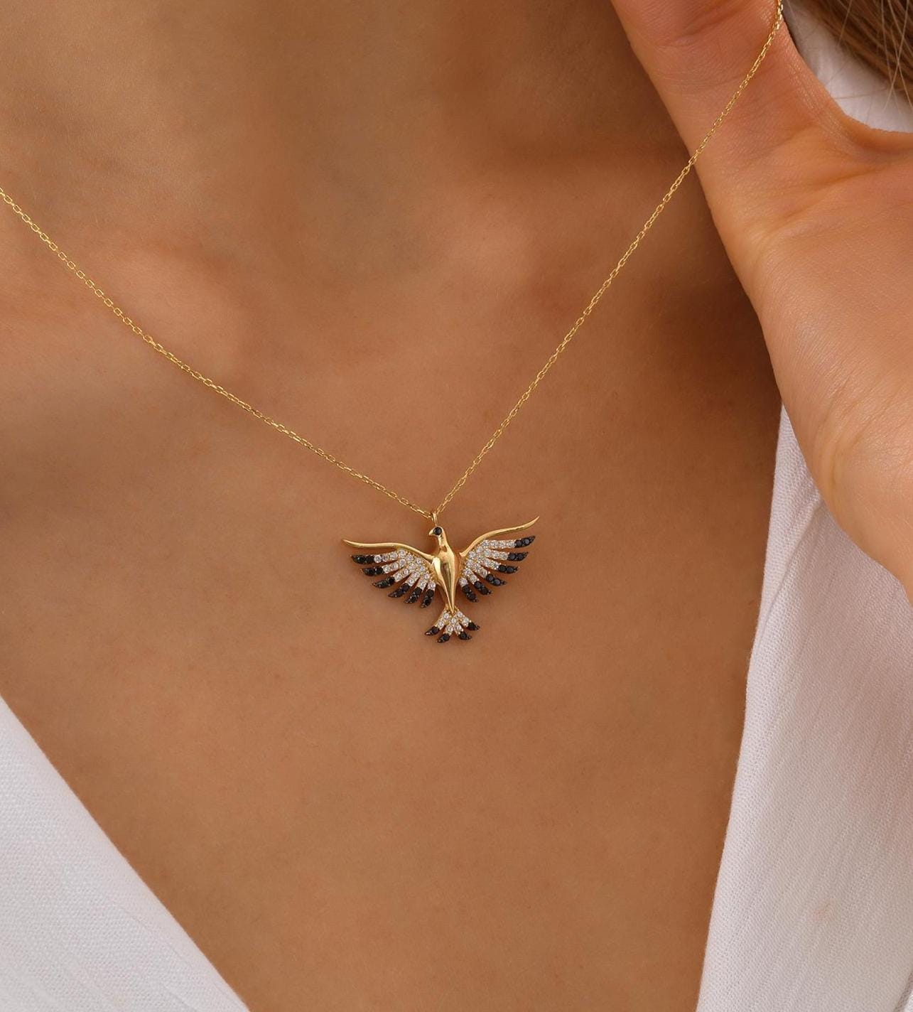 10K Dainty Custom Phoenix Pendant, 14K Solid Gold Animal Necklace, Sparkly Phoenix Pendant
