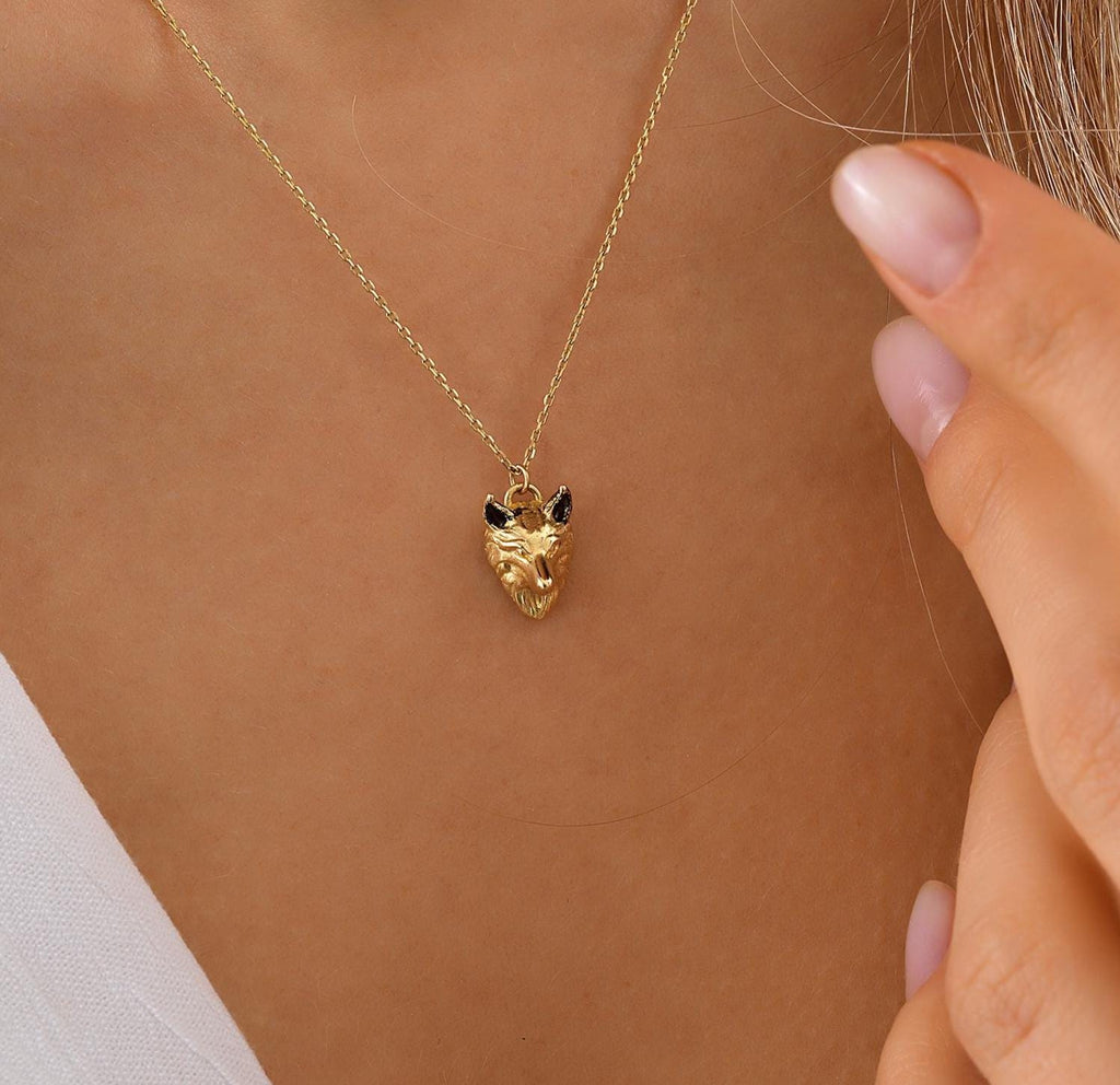 Mountain Wolf Necklace, Dainty initial Animal Pendant, 14K Solid Gold Wolf Head Necklace, 14K Gold Wild Wolf Head Pendant, Summer Jewelry