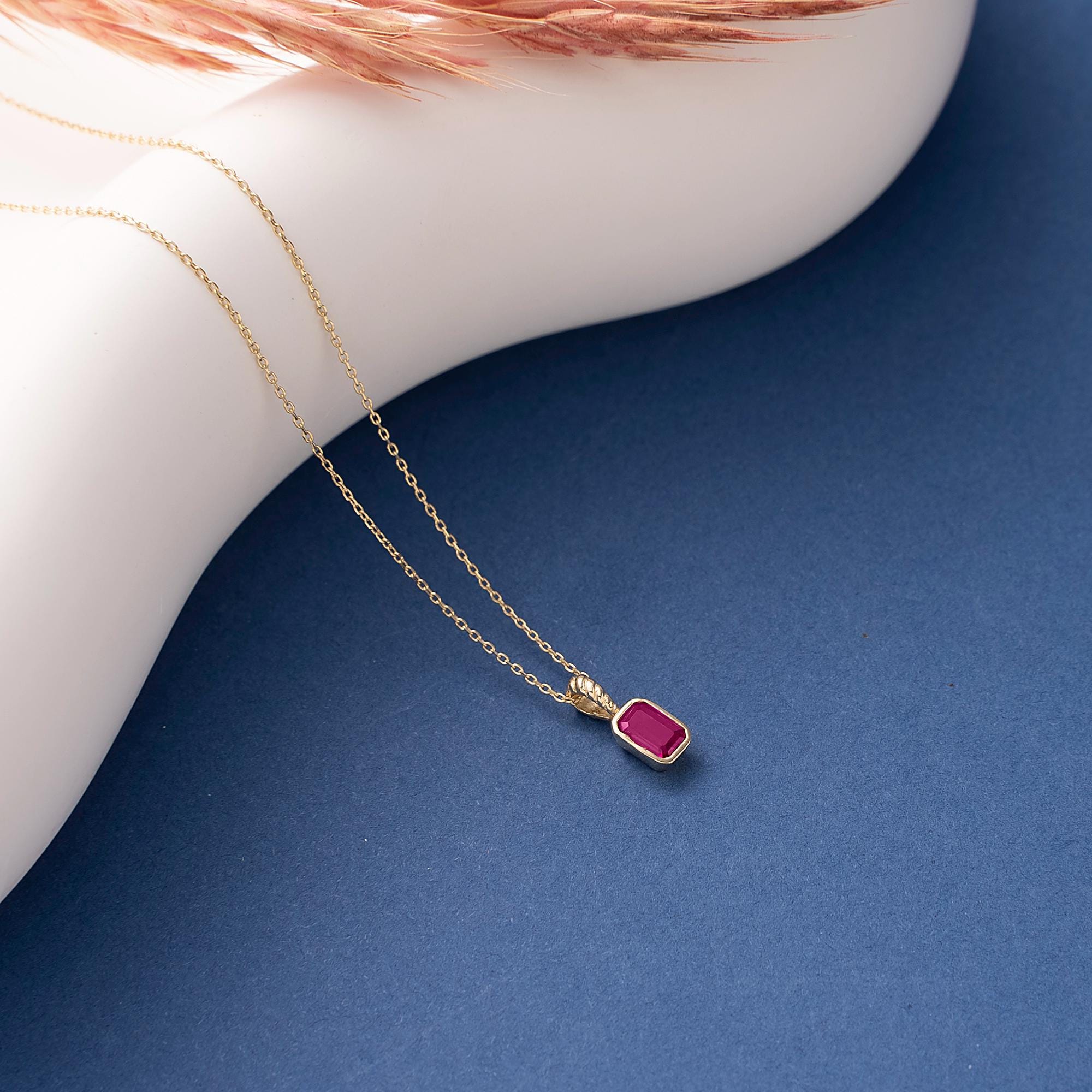 10K Dainty initial Ruby Pendant, 14K Solid Gold Ruby Necklace, Birthday Gift