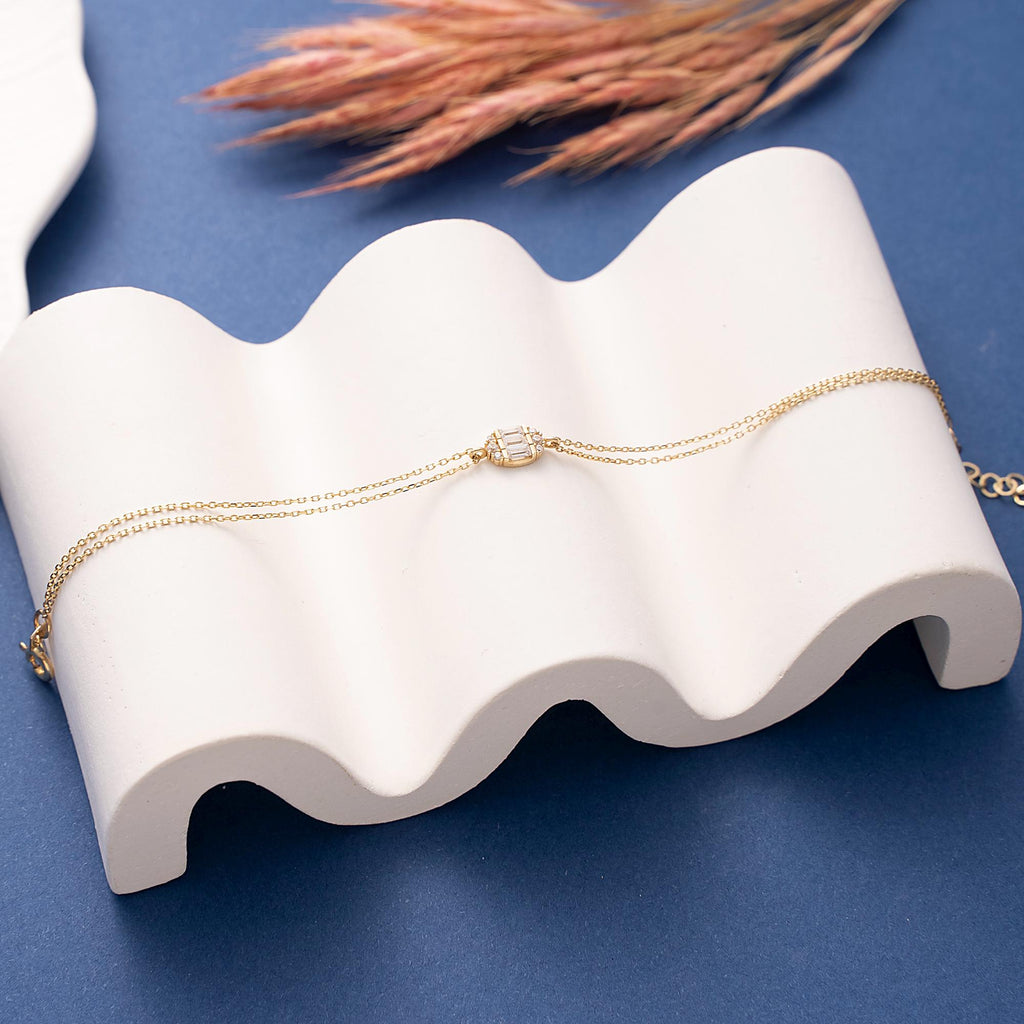 14K Solid Gold Dainty Baguette Bracelet, Minimalist 10K Love Bracelet, Anniversary Gift