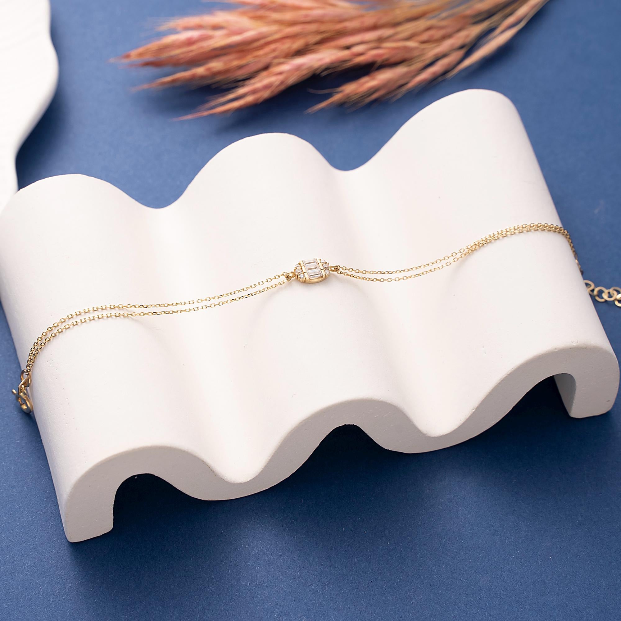 14K Solid Gold Dainty Baguette Bracelet, Minimalist 10K Love Bracelet, Anniversary Gift