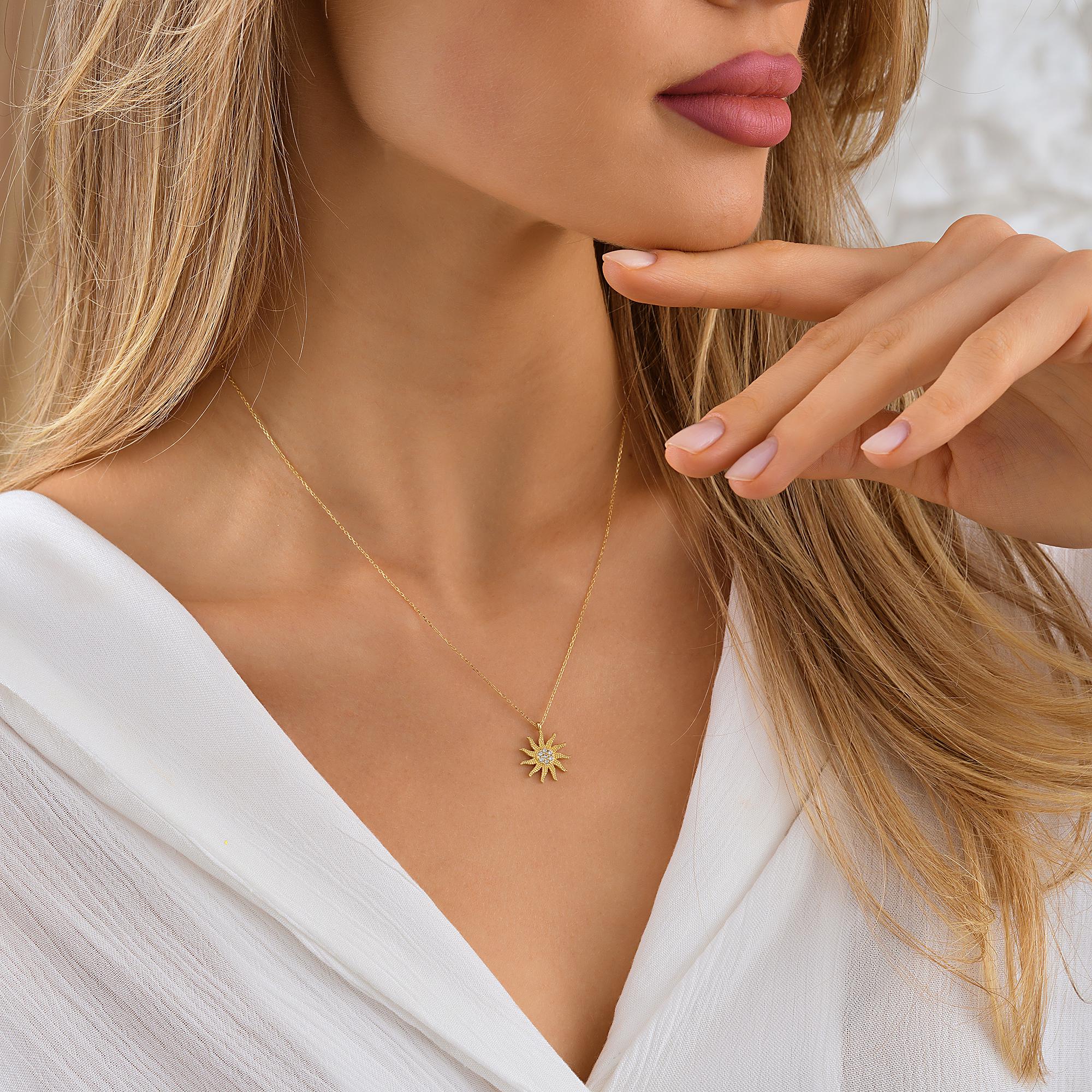 Dainty 14K Solid Gold Sun Pendant Necklace, 10K Gold Celestial Jewelry