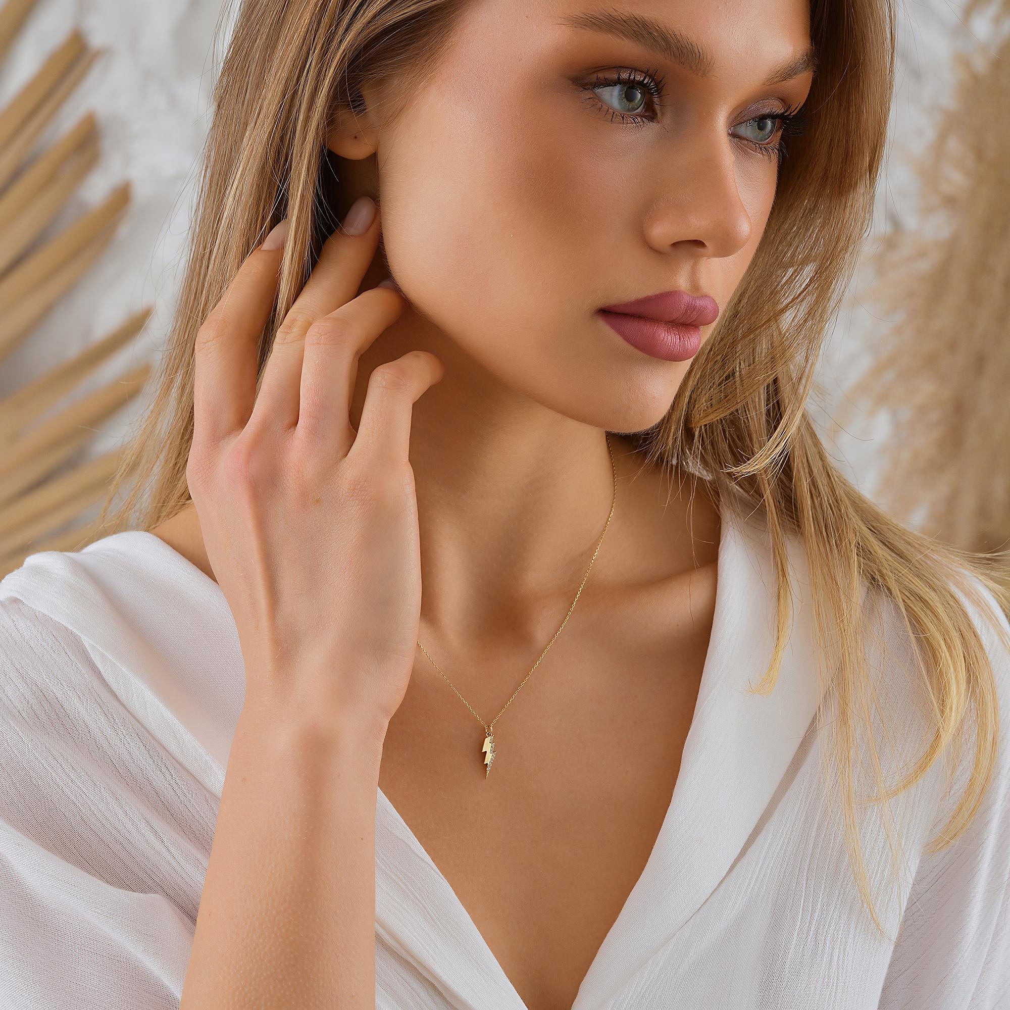 14K Solid Gold Lightning Bolt Necklace, 10K Handmade Celestial Pendant
