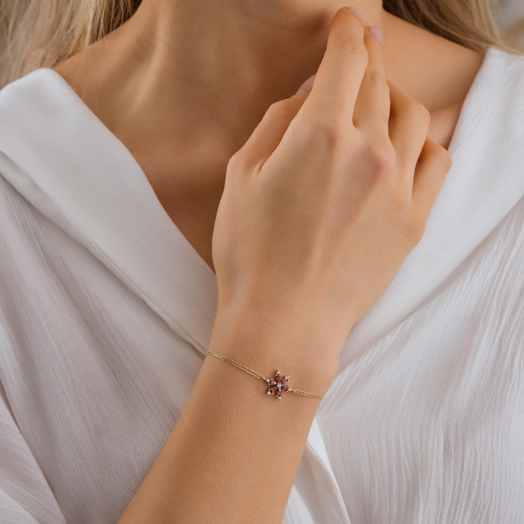 10K 14K Solid Gold Ruby Bracelet, Handmade Minimalist Flower Jewelry, Birthday Gift