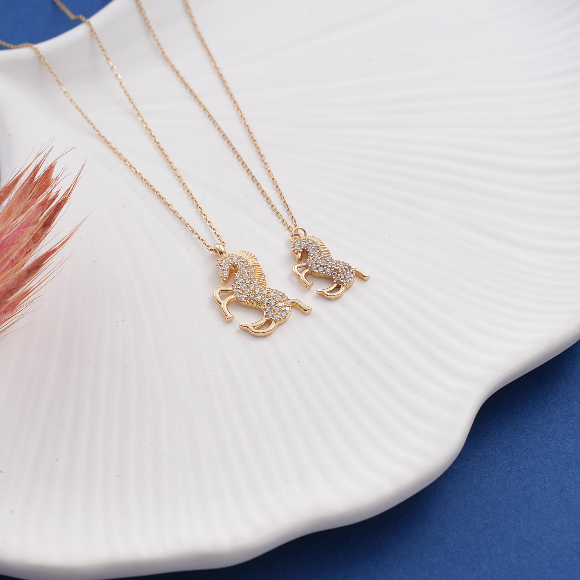 14K Gold Horse Necklace, Dainty initial Animal Pendant, 14K Solid Gold Horse Necklace, 14K Gold Prancing Horse Pendant, Summer Jewelry