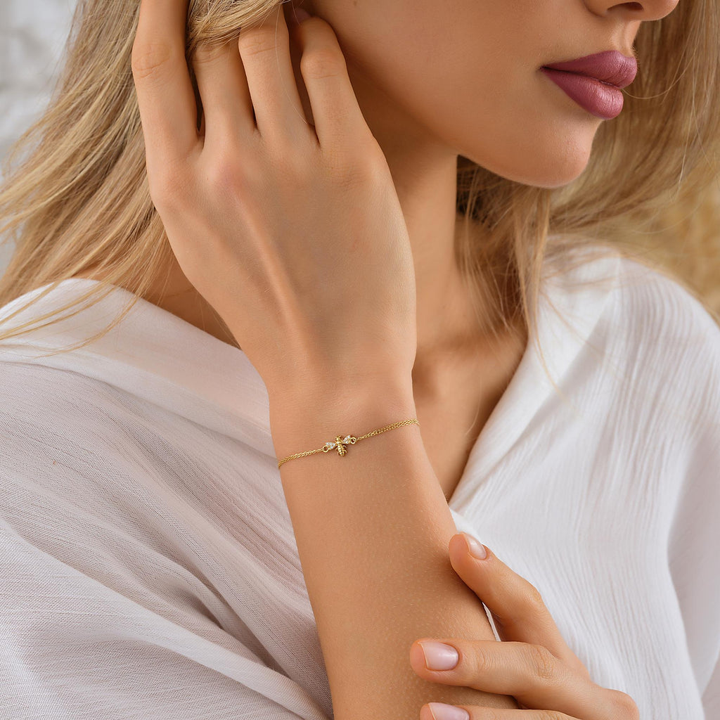 14K Solid Gold Bee Bracelet, Handmade Dainty 10K Jewelry