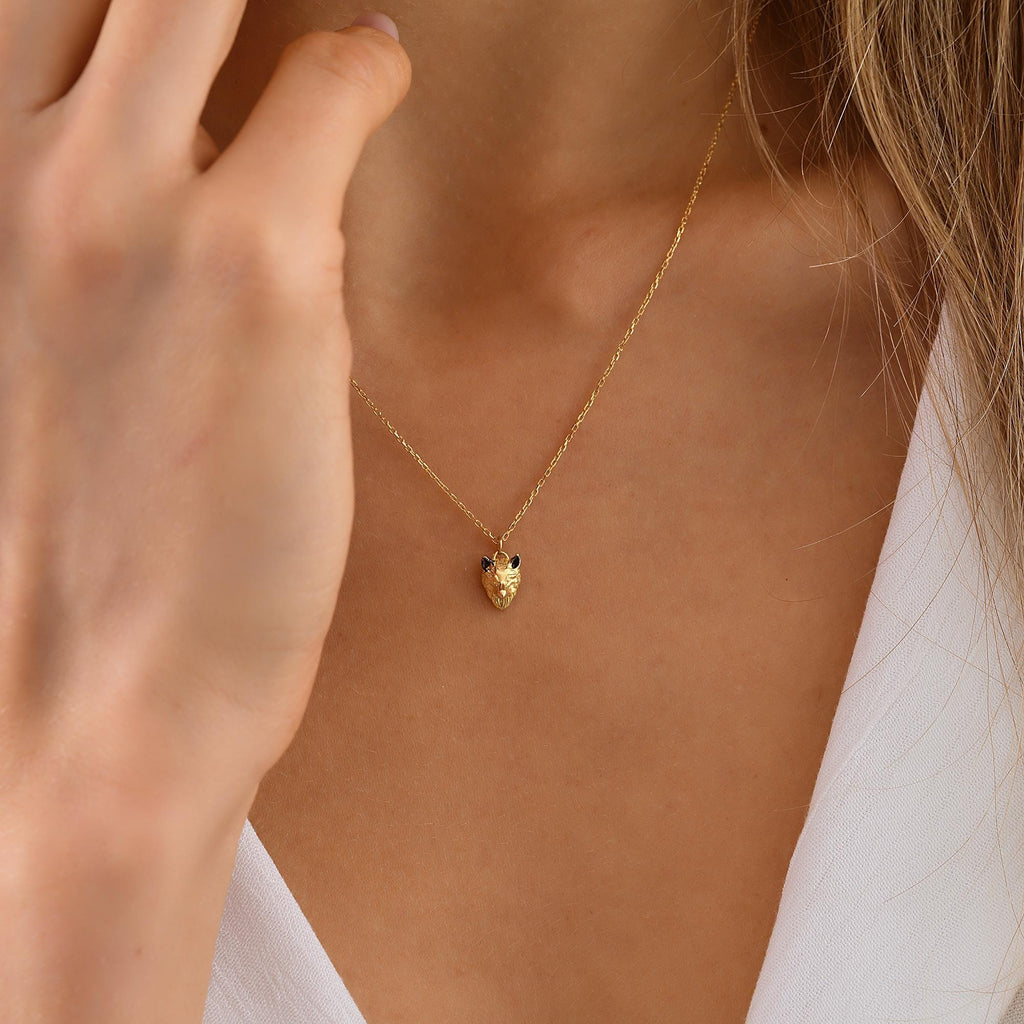 Mountain Wolf Necklace, Dainty initial Animal Pendant, 14K Solid Gold Wolf Head Necklace, 14K Gold Wild Wolf Head Pendant, Summer Jewelry