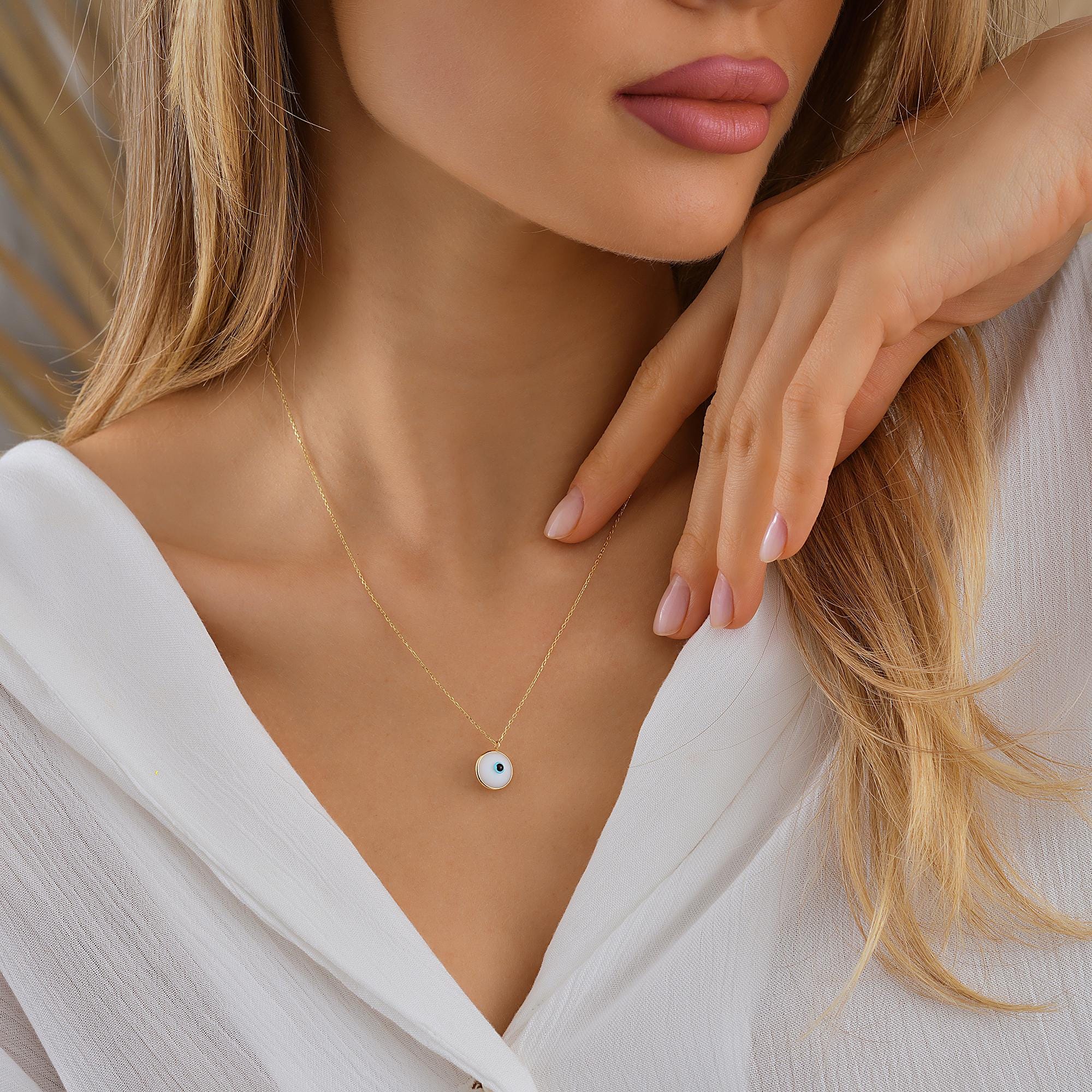 14K Gold Eye Necklace, Tiny Evil Eye Pendant, 14K Real Gold Eye Necklace, Dainty initial Eye Pendant, Summer Jewelry