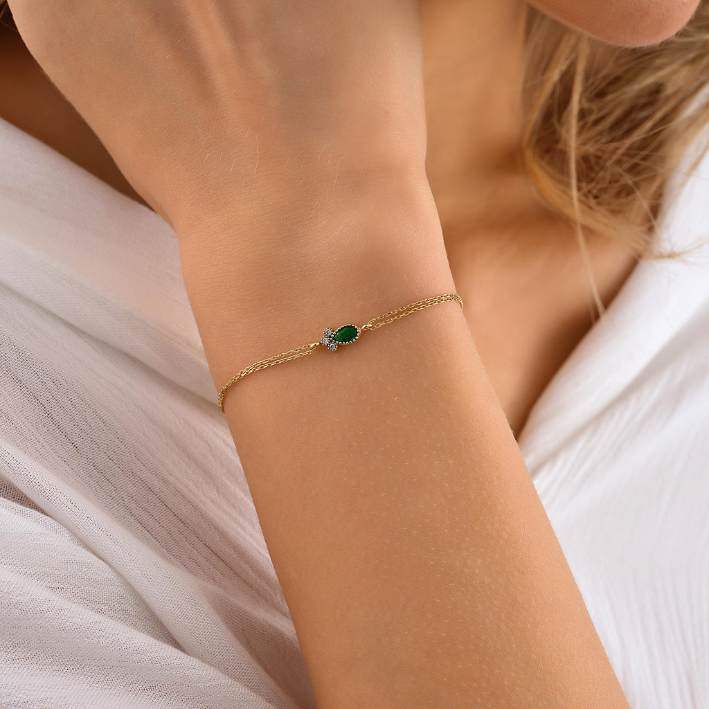 10K Tiny Emerald Bracelet, Dainty 14K Gold Emerald Bracelet, Sparkly initial Paw Jewelry