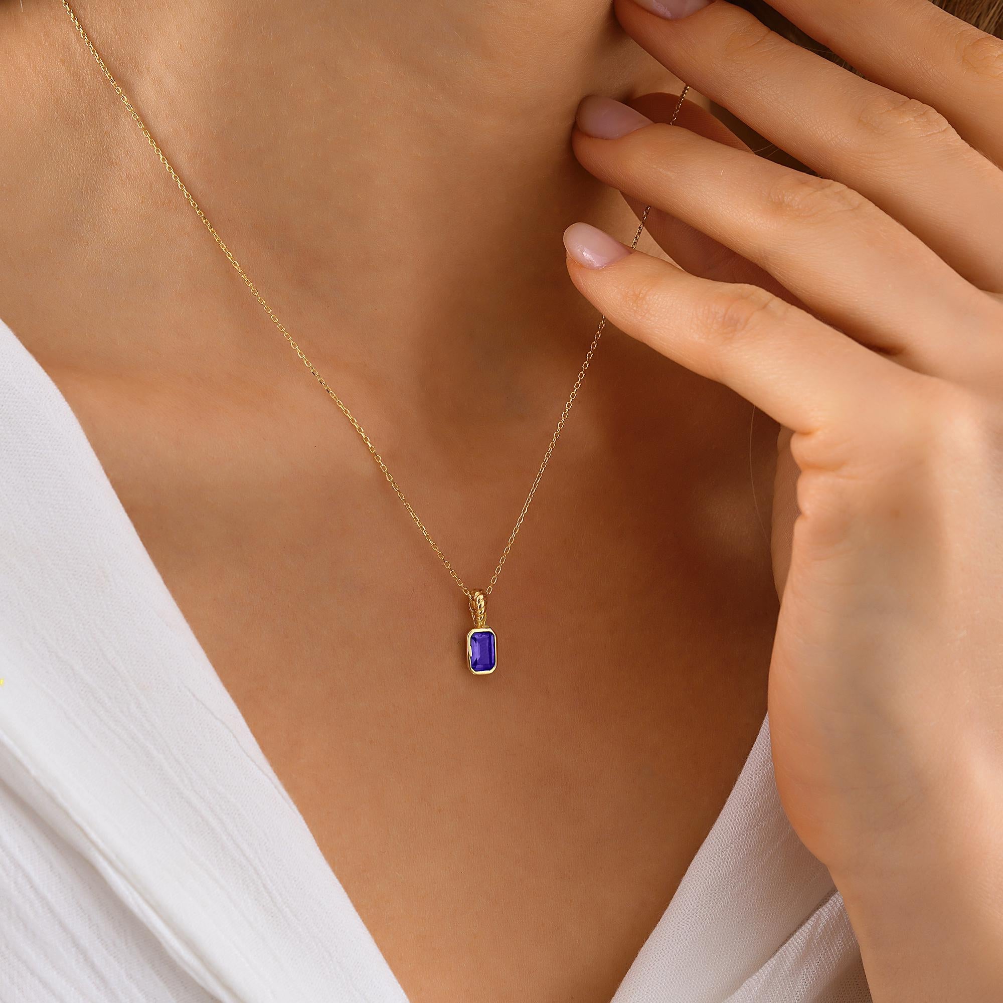 10K 14K Gold Sapphire Pendant, Minimalist Sapphire Necklace, Birthday Gift