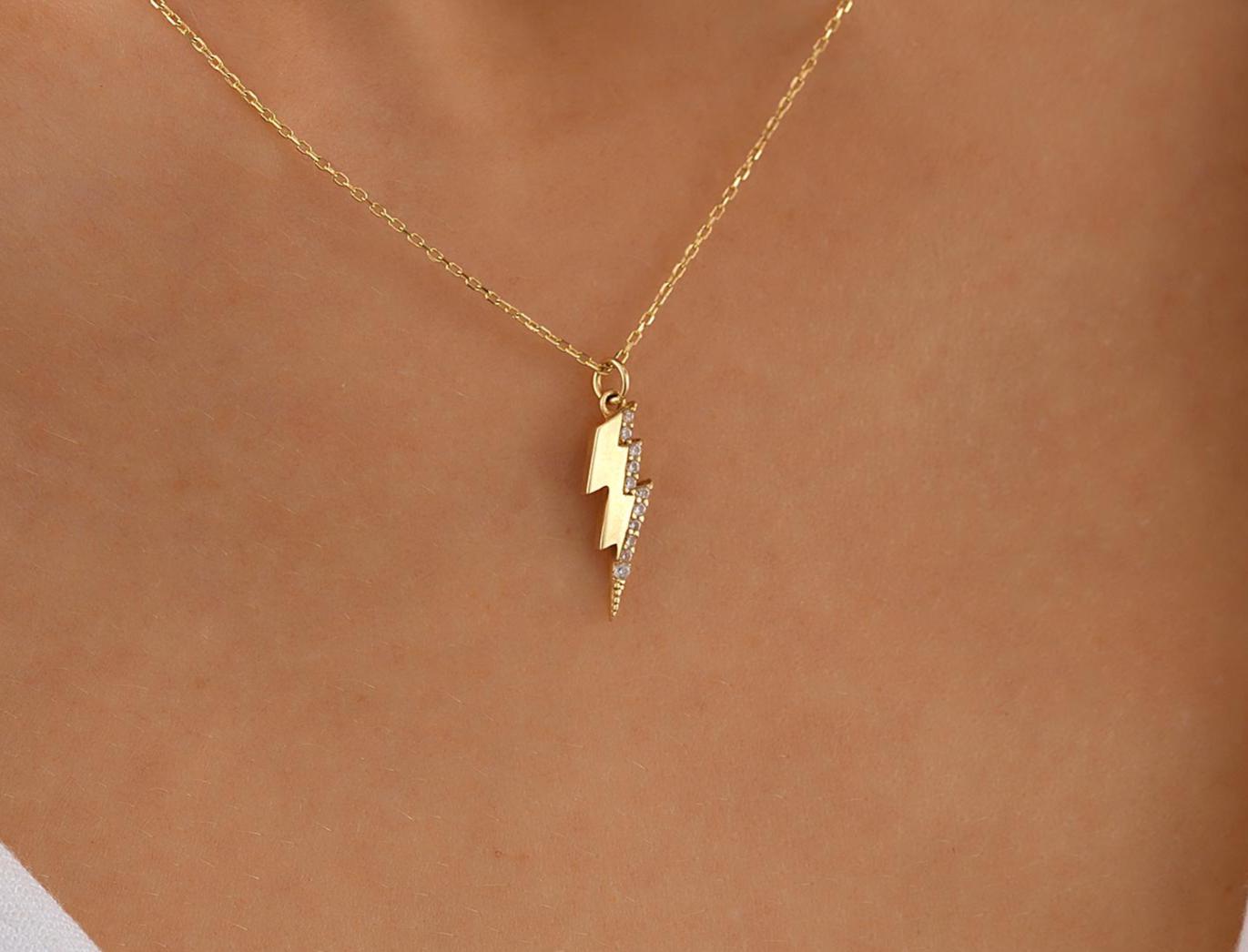 14K Solid Gold Lightning Bolt Necklace, 10K Handmade Celestial Pendant