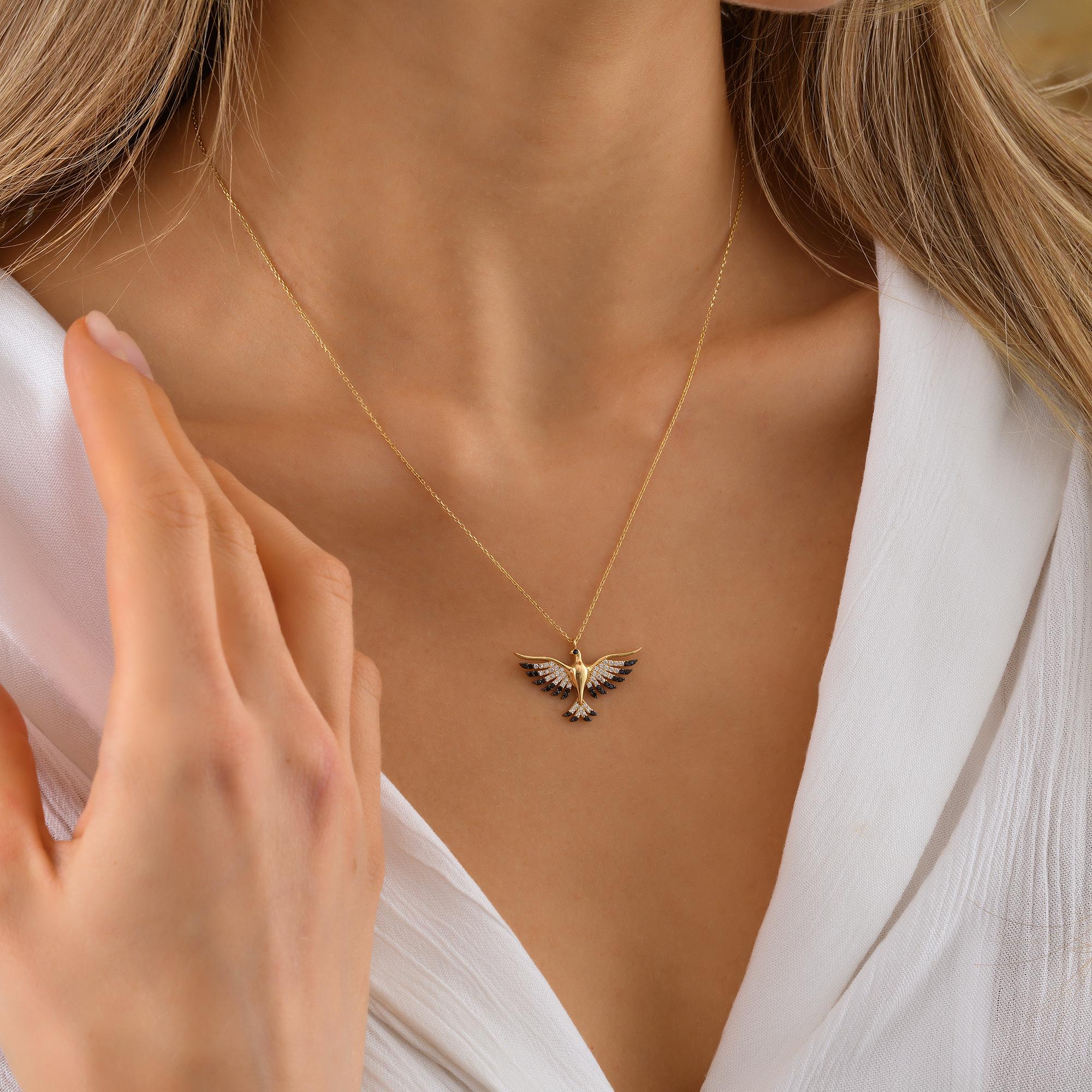 10K Dainty Custom Phoenix Pendant, 14K Solid Gold Animal Necklace, Sparkly Phoenix Pendant