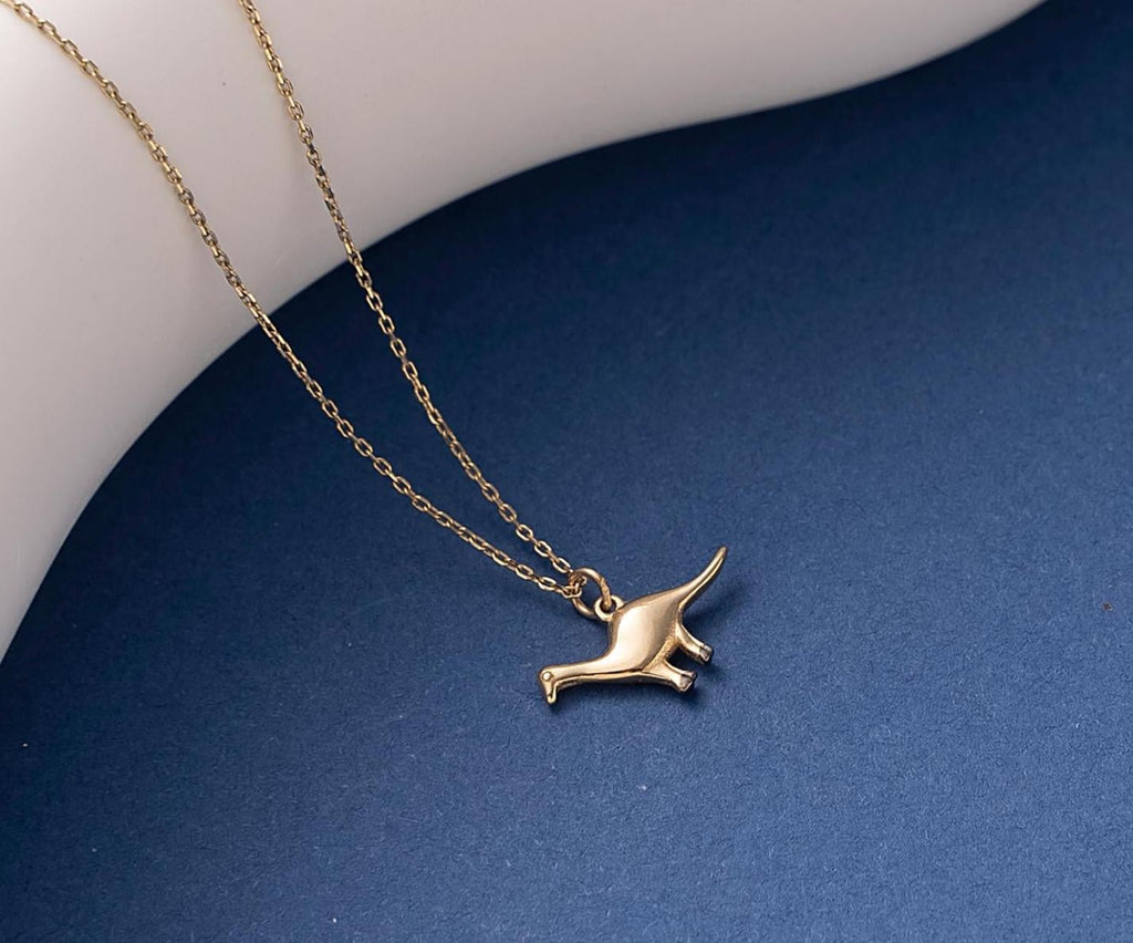 14K Solid Gold Brachiosaurus Necklace, 10K Dainty Dinosaur Pendant