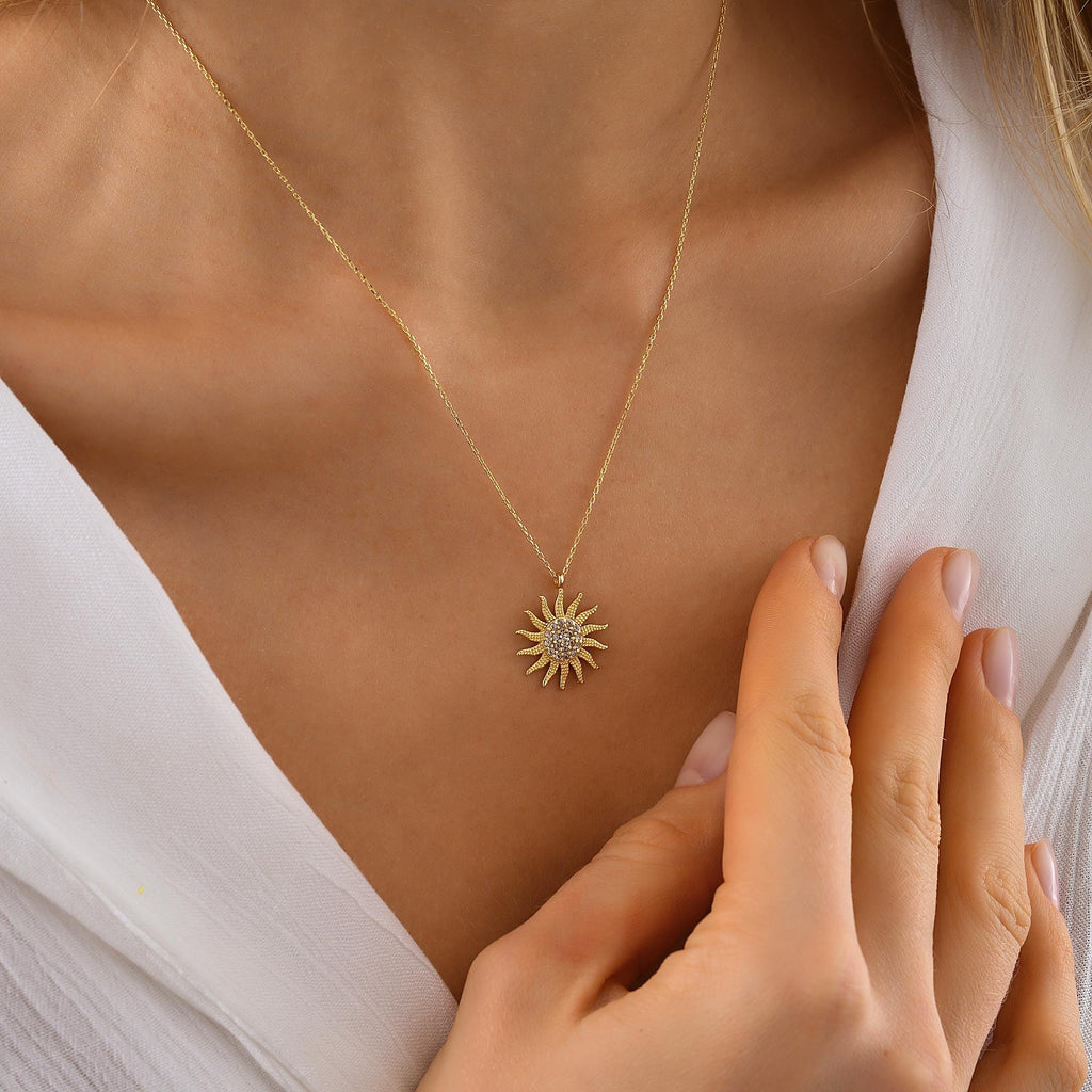 14K Solid Gold Sun Necklace, Dainty Celestial Pendant