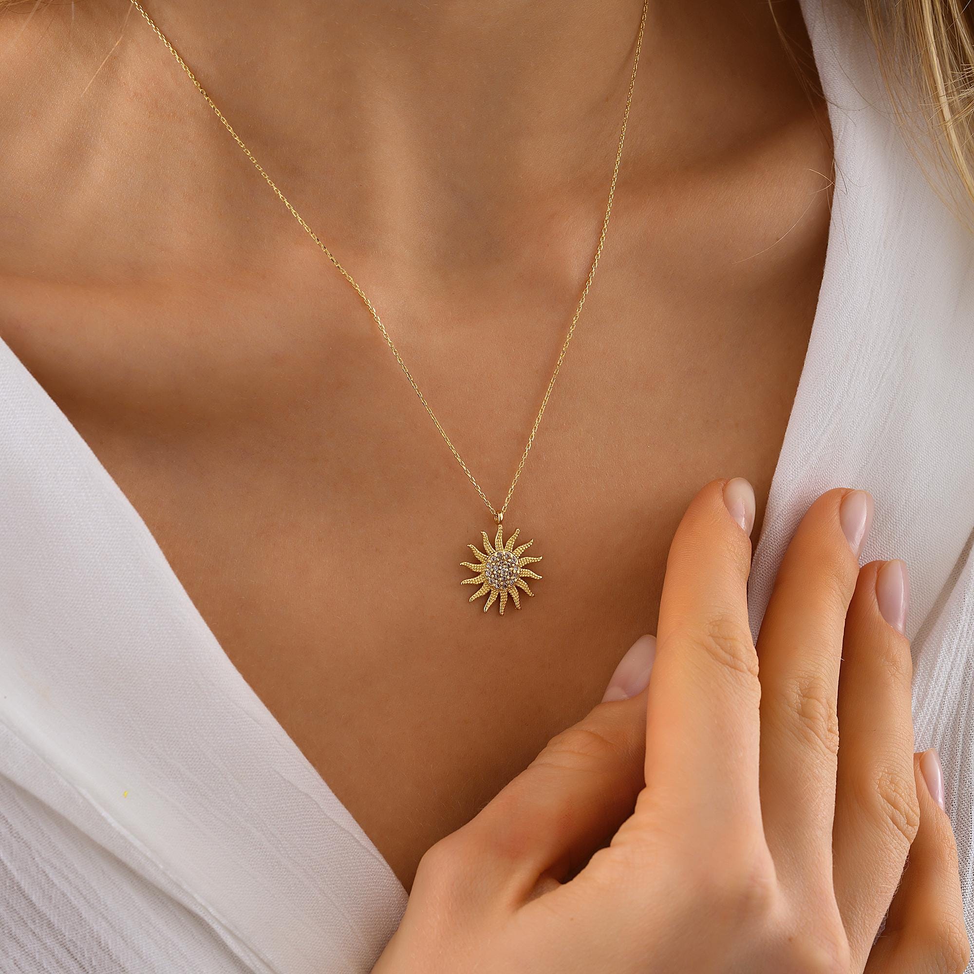 14K Solid Gold Sun Necklace, Dainty Celestial Pendant
