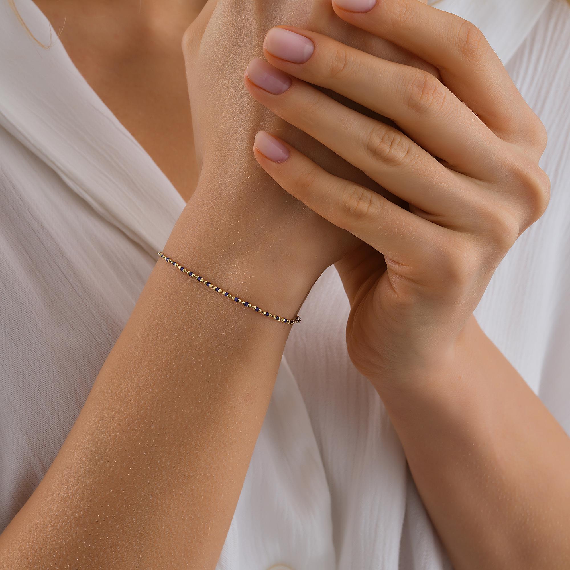 14K Solid Gold Sapphire Beaded Bracelet, Minimalist Emaye Chain, Birthday Gift