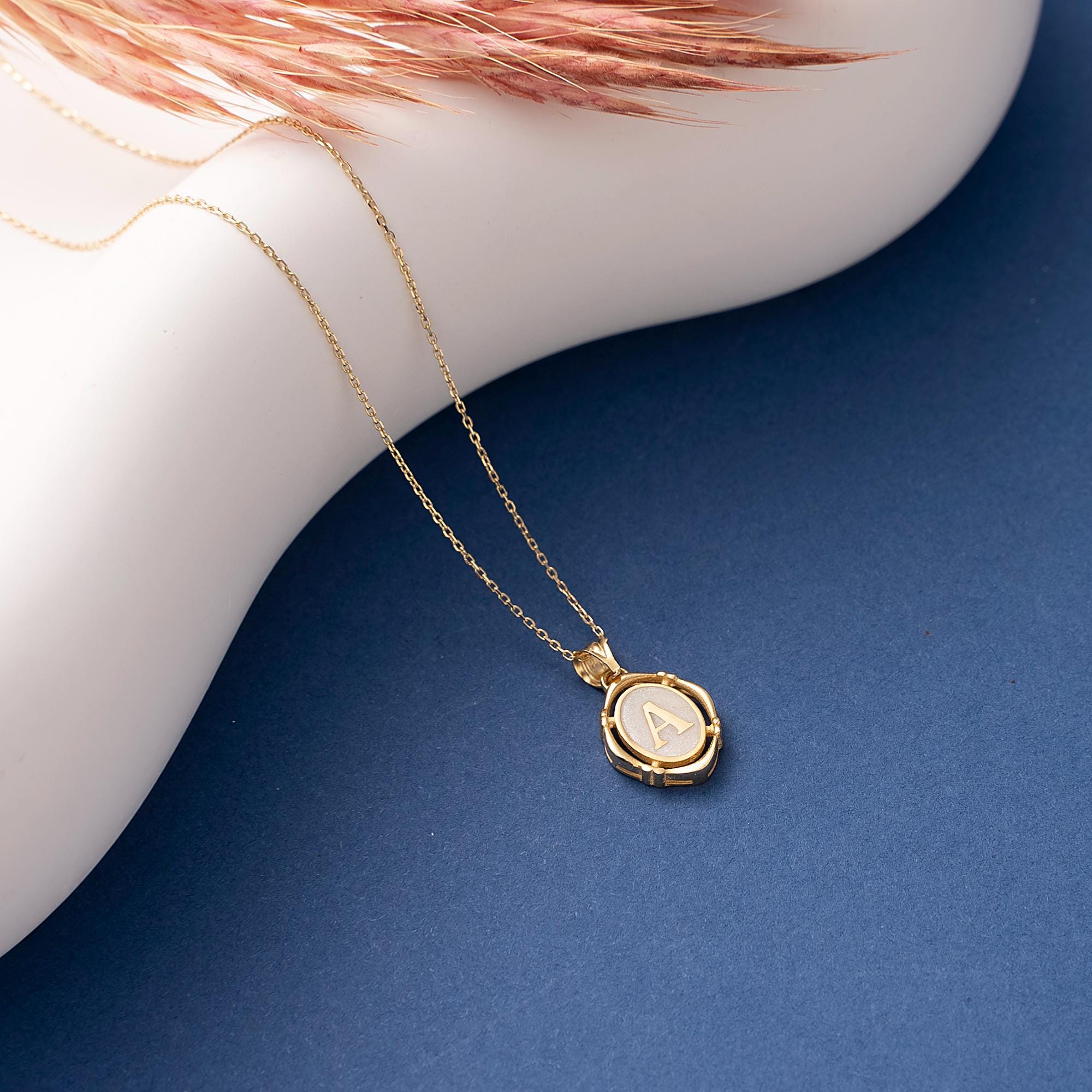Personalized Pendant, 14K Solid Gold Letter Necklace, Handmade Vintage Pendant, Dainty initial Letter Necklace, White Emaye Pendant