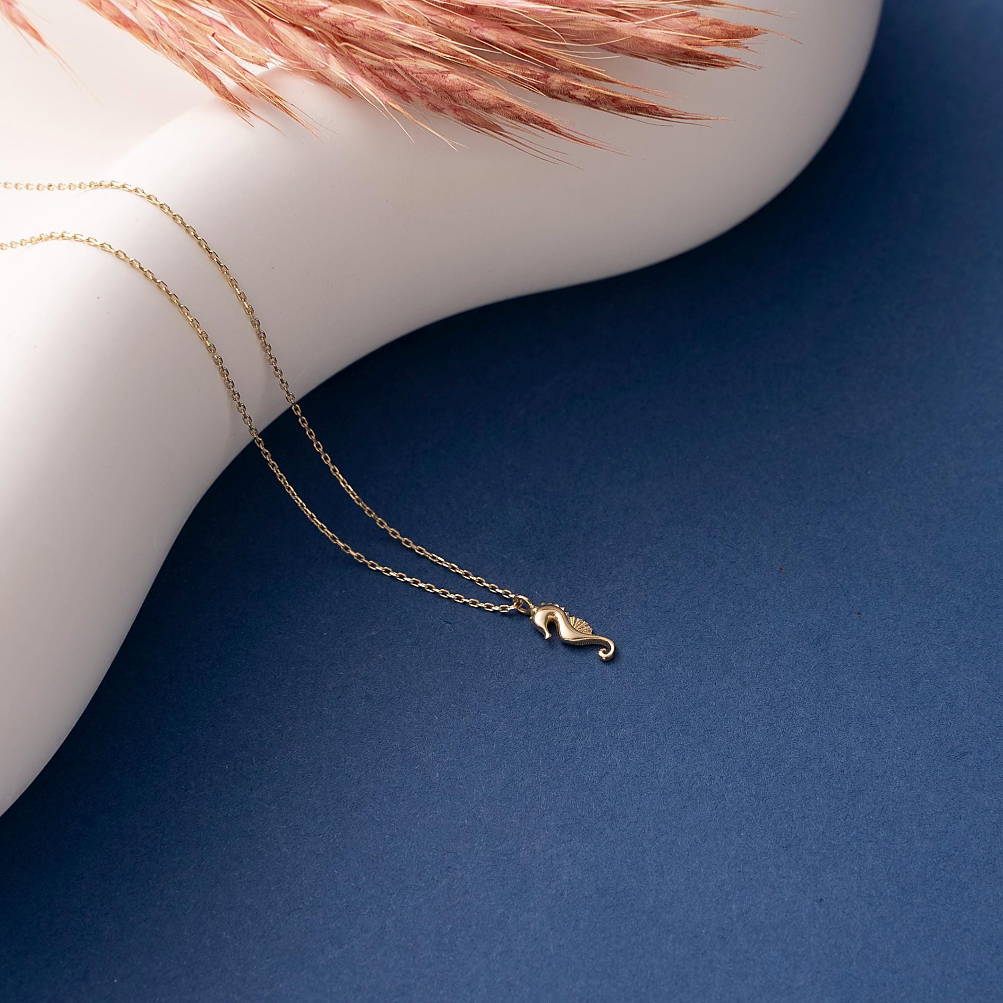 Seahorse Necklace, Dainty initial Sea Animal Pendant, 14K Solid Gold Seahorse Necklace, Yellow 14K Gold Seahorse Pendant, Ocean Necklace