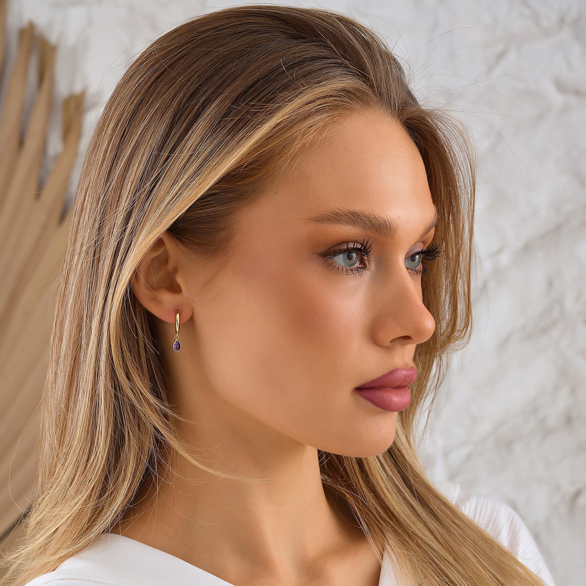 Dainty 14K Real Gold Amethyst Drop Earrings, 10K Minimalist Hoops Jewelry, Birthday Gift