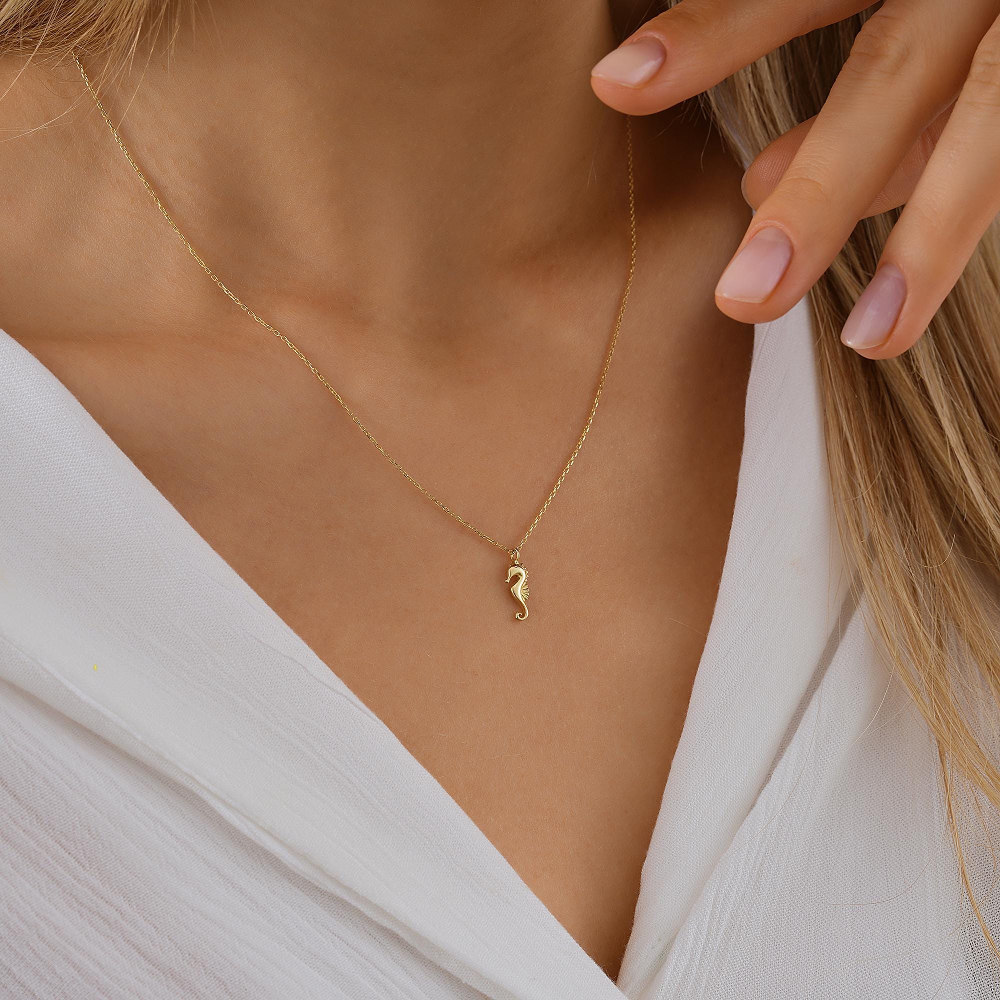Seahorse Necklace, Dainty initial Sea Animal Pendant, 14K Solid Gold Seahorse Necklace, Yellow 14K Gold Seahorse Pendant, Ocean Necklace