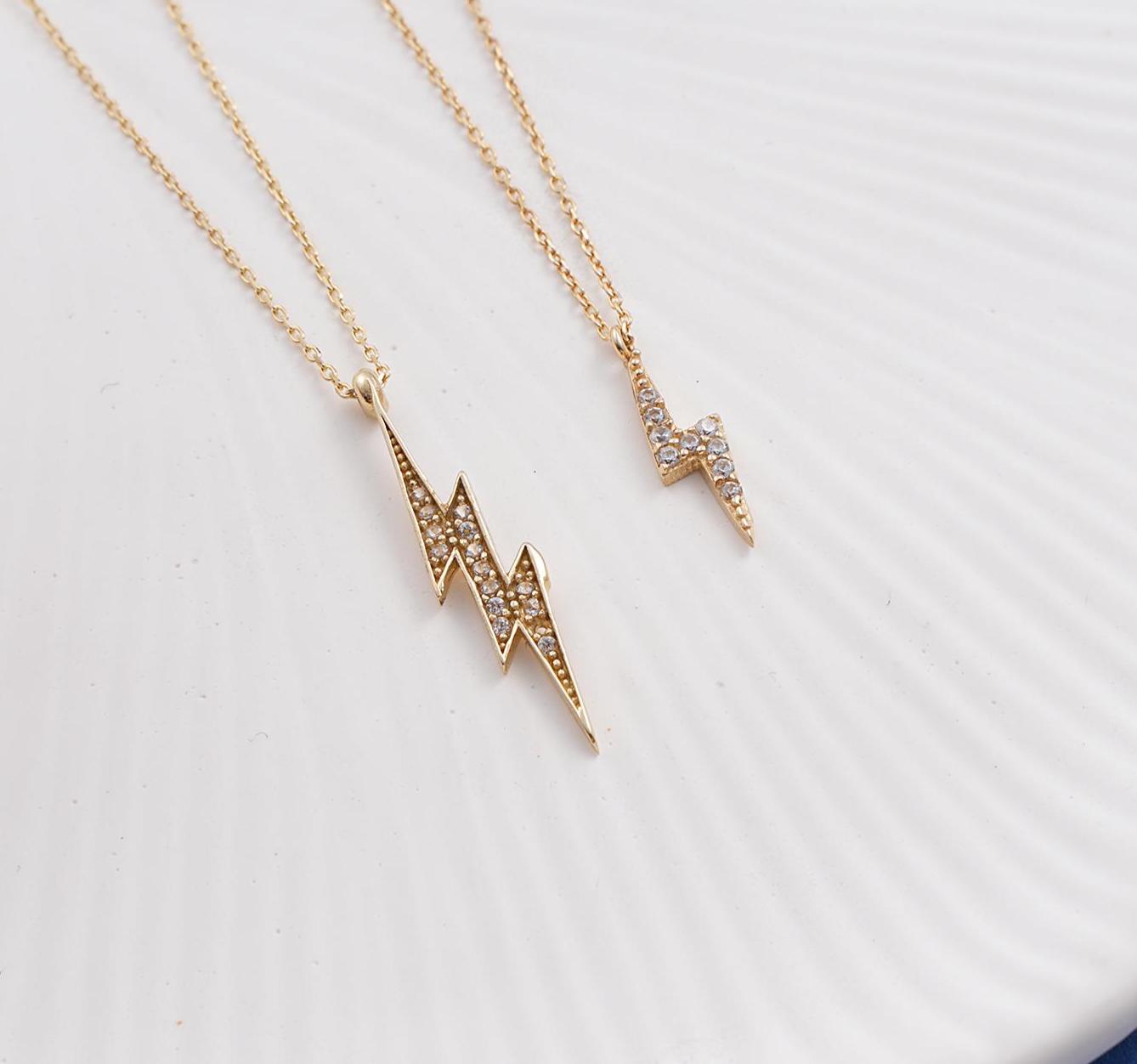 14K Gold Lightning Bolt Pendant, Handmade Celestial Necklace
