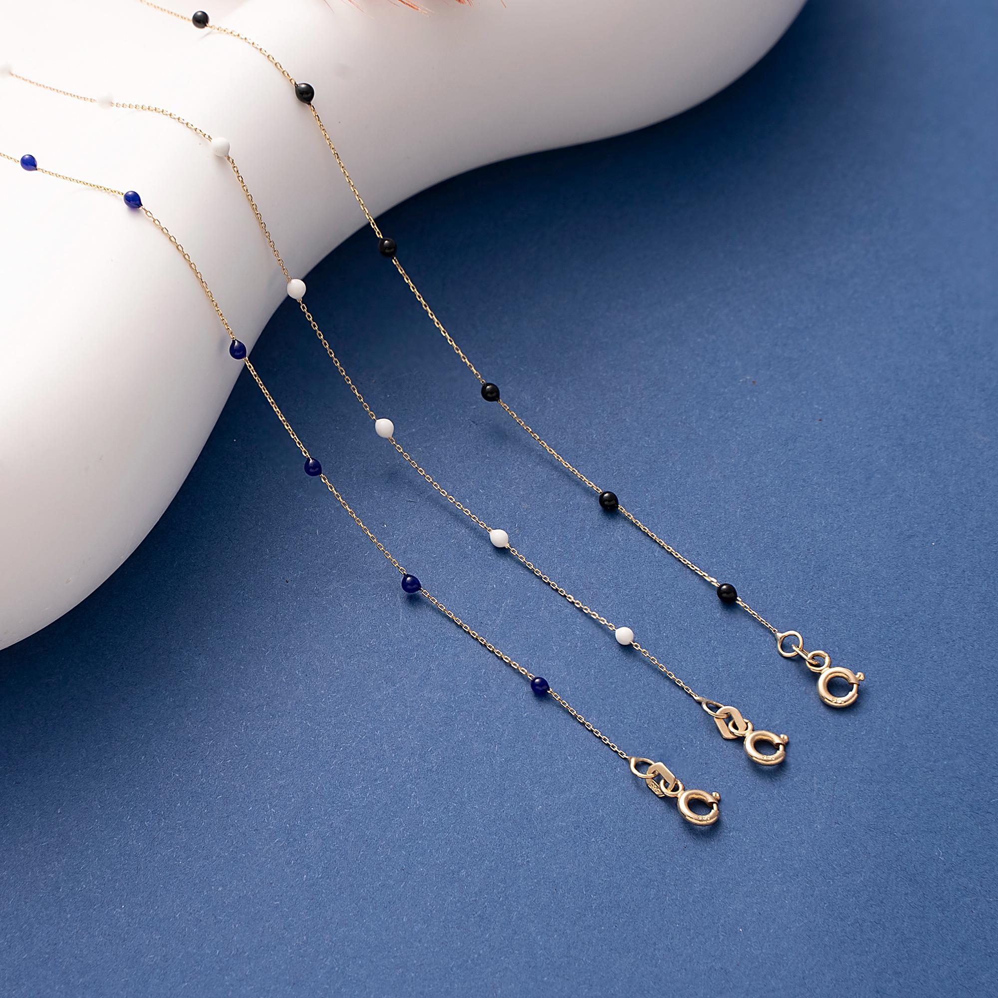 14K Solid Gold Enamel Ball Bracelet, Handmade Dainty Chain, Tiny Ball Bracelet