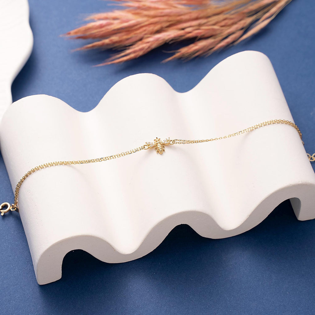 14K Solid Gold Bee Bracelet, Handmade Dainty 10K Jewelry