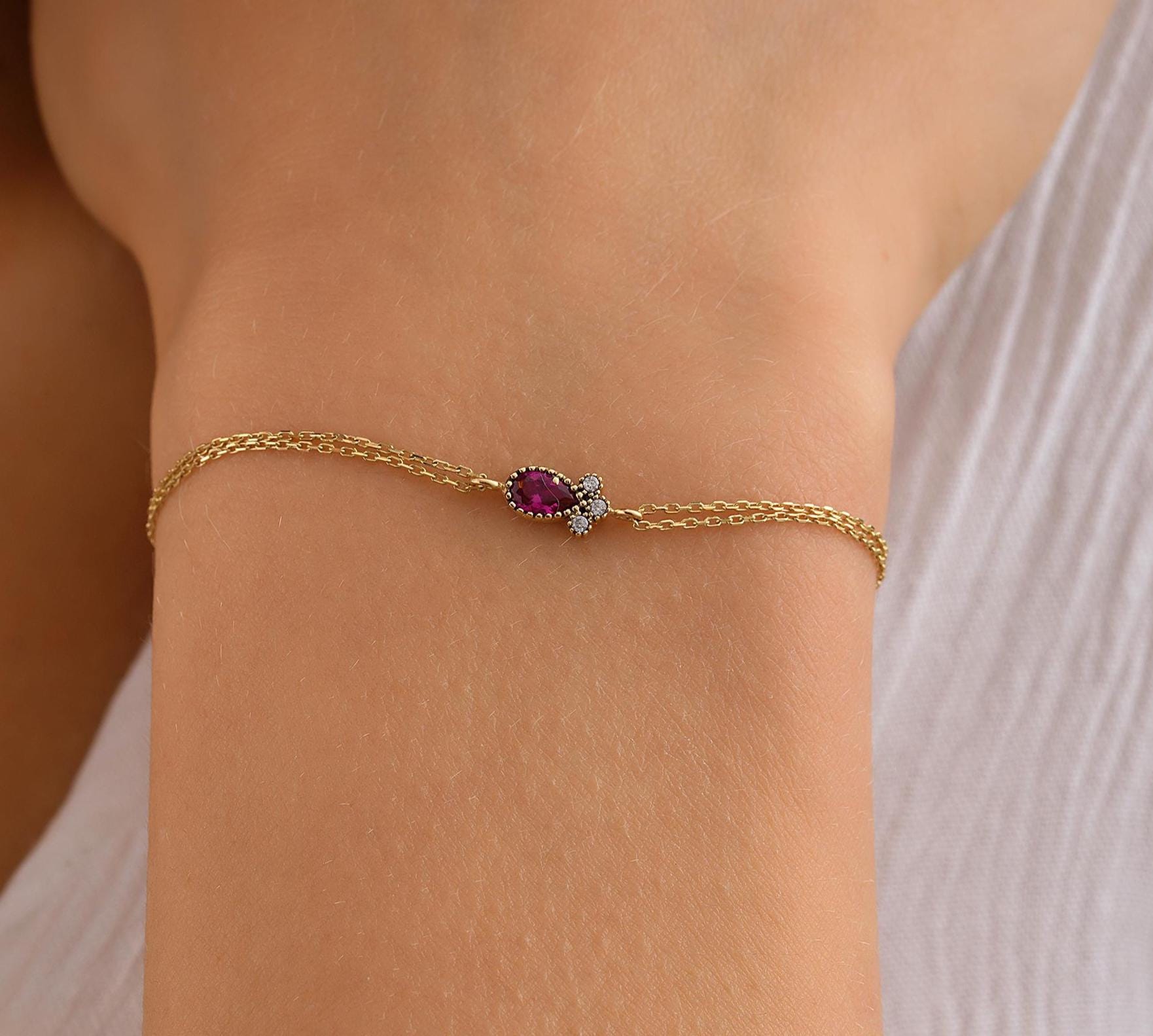 Dainty 14K Solid Gold Ruby Bracelet, 10K Handmade Minimalist Design